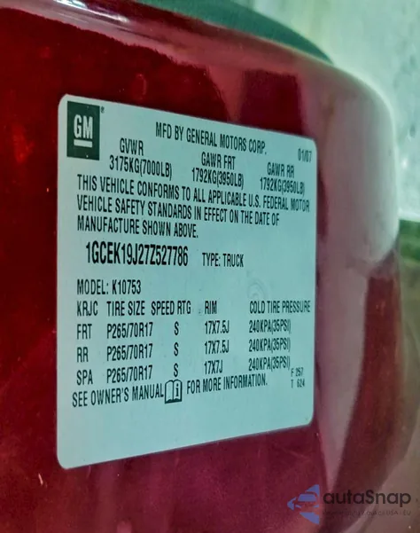 2007 Chevrolet Silverado K1500 z USA, uszkodzony, nr VIN 1GCEK19J27Z527786